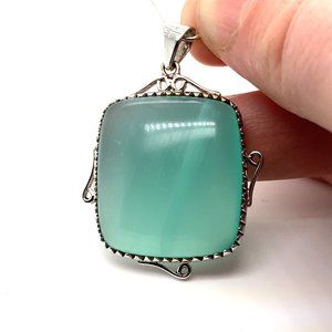 Cats Eye Green Calcite 64.41ct Solid 18K White Gold Pendant